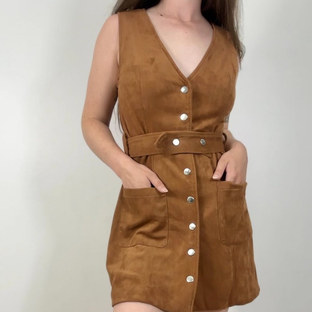 *Evie Faux Suede Sleeveless Button Up Mini Dress